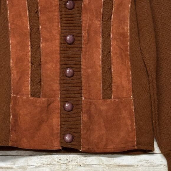 1970s Vintage Brown w Red Suede Front Shawl Cardigan RETRO M Old Grandpa Hipster - Picture 6 of 15